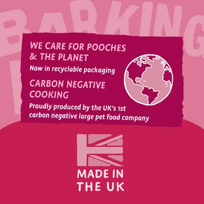 Now in recyclable packaging. Carbon negative cooking. Produced by the UK's first carbon negative large pet food company. Made in the UK.