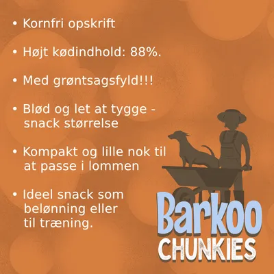 Kornfri opskrift, højt kødindhold: 88 %, med grøntsagsfyld, blød og let at tygge, kompakt størrelse, ideel snack som belønning eller til træning. Barkoo Chunkies.