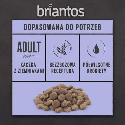 briantos, dopasowana do potrzeb, adult rich in kaczka z ziemniakami, bezzbożowa receptura, półwilgotne krokiety; widoczne karmowe krokiety