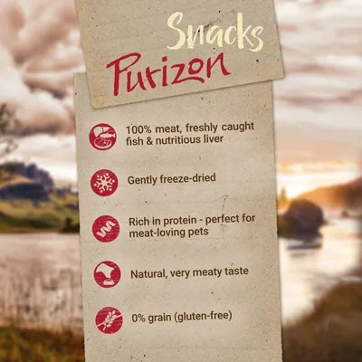 Purizon Snacks: 100% meat, freshly caught fish and liver, gently freeze-dried, protein-rich, natural flavour, 0% grain (gluten-free). Purizon Snacks: 100% meat, freshly caught fish and liver, gently freeze-dried, protein-rich, natural flavour, 0% grain (gluten-free).