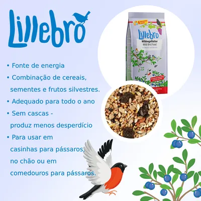Lillebro. Fonte de energia. Combinação de cereais, sementes e frutos silvestres. Adequado para todo o ano. Sem cascas, produz menos desperdício. Para usar em comedouros ou no chão.