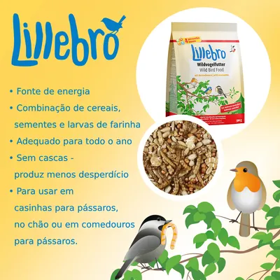 Lillebro. Fonte de energia, cereais, sementes e larvas de farinha. Adequado para todo o ano. Sem cascas, menos desperdício. Para casas, chão ou comedouros para pássaros.