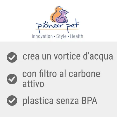 Pioneer Pet. Crea un vortice d'acqua, con filtro al carbone attivo, plastica senza BPA. Innovation • Style • Health.
