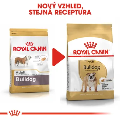 ROYAL CANIN Adult Bulldog – porovnání starého a nového obalu, nápis: Nový vzhled, stejná receptura. Obě balení zobrazují buldoka a informace o produktu.