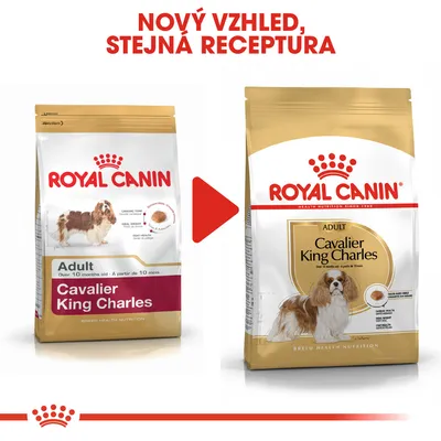 Porovnání starého a nového obalu krmiva Royal Canin Adult Cavalier King Charles s textem: Nový vzhled, stejná receptura.