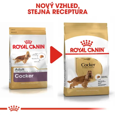 Porovnání starého a nového obalu krmiva Royal Canin Adult Cocker s textem: Nový vzhled, stejná receptura. Oba obaly zobrazují značku, název a obrázek kokršpaněla.