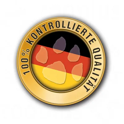 100% KONTROLLIERTE QUALITÄT, text v němčině na zlaté pečeti s tlapkou a německou vlajkou. Text není přeložen do češtiny.