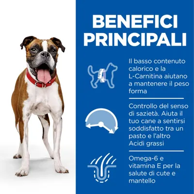 BENEFICI PRINCIPALI: Il basso contenuto calorico e la L-Carnitina aiutano a mantenere il peso forma. Controllo del senso di sazietà. Omega-6 e vitamina E per la salute di cute e mantello.