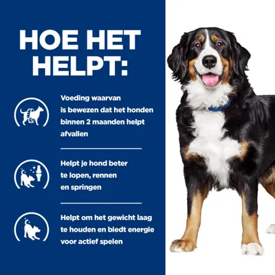 HOE HET HELPT: Voeding waarvan is bewezen dat het honden binnen 2 maanden helpt afvallen. Helpt je hond beter te lopen, rennen en springen. Helpt om het gewicht laag te houden.