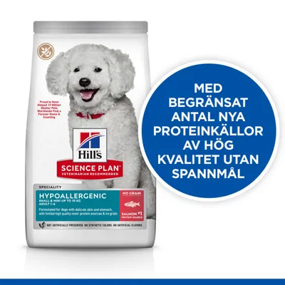 Hill's Science Plan Hypoallergenic hundfoder, small & mini upp till 10 kg, adult 1–6, lax som proteinkälla, utan spannmål. Text: Med begränsat antal nya proteinkällor av hög kvalitet utan spannmål.