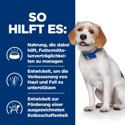 So hilft es: Nahrung zur Unterstützung bei Futtermittelunverträglichkeiten, Verbesserung von Haut und Fell sowie Förderung einer ausgezeichneten Kotbeschaffenheit.