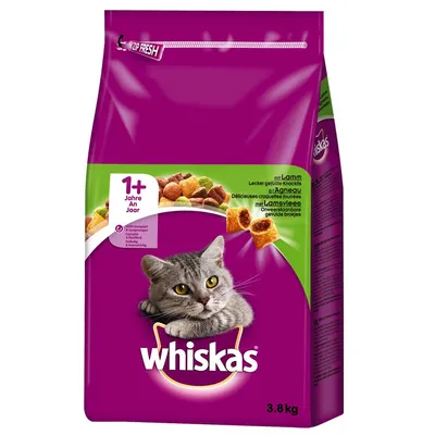Whiskas tørfoder til katte 1+ år, med lam, 3,8 kg. Synlig tekst: 1+ Jahre, mit Lamm, Lecker gefüllte Knackits, whiskas. Billede af kat og foderstykker på posen.