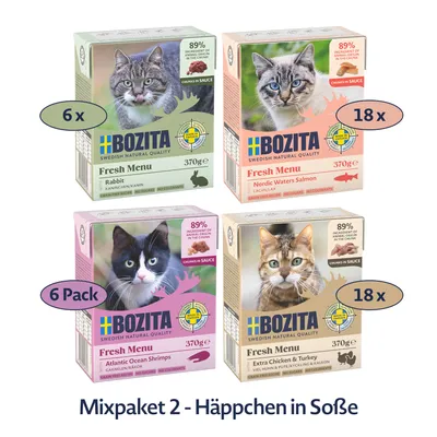 Bozita Mixpaket 2 bouchées en sauce, 6x lapin, 18x saumon, 6x crevettes, 18x poulet et dinde. Barquettes de 370g avec 89% d’ingrédients de viande fraîche.