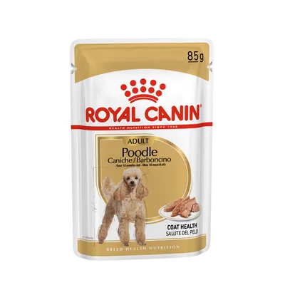 Royal Canin Adult Poodle wet dog food pouch, 85g. Visible text: Caniche/Barboncino, Over 10 months old, Coat Health, Breed Health Nutrition.