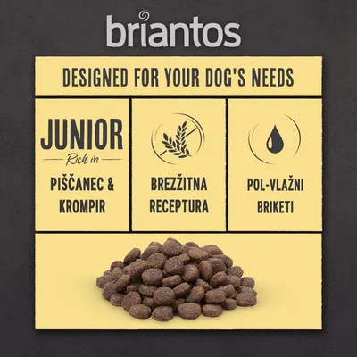 briantos JUNIOR piščanec & krompir, brezžitna receptura, pol-vlažni briketi. Designed for your dog's needs. Prikaz briketov na rumeni podlagi.