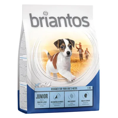 Briantos Junior dry food, rich in chicken & rice, for controlled growth, highly tolerable, made in Germany. Pack size: 1 kg.