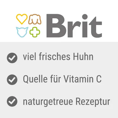 Brit, viel frisches Huhn, Quelle für Vitamin C, naturgetreue Rezeptur (texte en allemand)