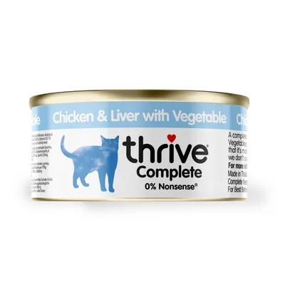 Thrive Complete 0% Nonsense chicken and liver with vegetable shown on product tin, includes silhouette of animal and visible ingredient text.