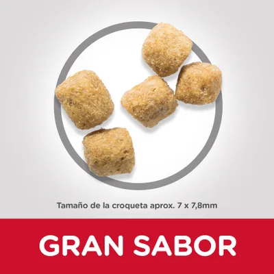 Croquetas de pienso, tamaño aproximado 7 x 7,8 mm. Texto visible: GRAN SABOR.
