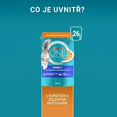 Purina ONE Senior 7+ s kuřetem a zelenými fazolkami, kapsička pro kočky, 85 g. Nápis: s KUŘETEM a ZELENÝMI FAZOLKAMI. Číslo 26 v ikoně misky.