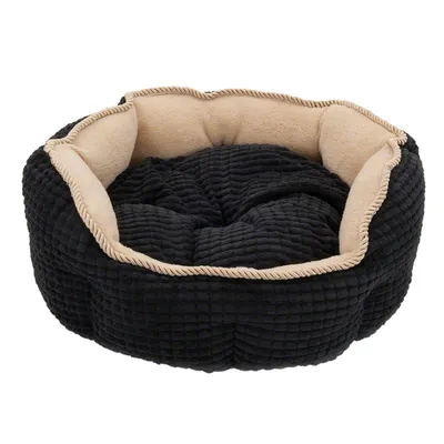 Panier rond pour animal, tissu noir à texture quadrillée, intérieur beige en tissu doux, bord épais et rembourré, sans marque visible ni texte.