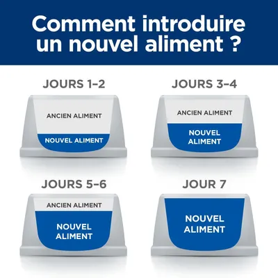 Guide visuel : comment introduire un nouvel aliment. Jours 1–2, 3–4, 5–6 : mélange ancien et nouvel aliment. Jour 7 : uniquement nouvel aliment dans la gamelle.