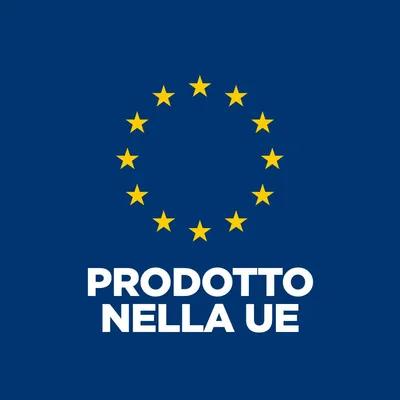 Testo: Prodotto nella UE sotto cerchio di 12 stelle gialle su sfondo blu, indica origine europea del prodotto.