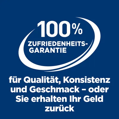 Текст на немецком: 100% Zufriedenheits-Garantie für Qualität, Konsistenz und Geschmack – oder Sie erhalten Ihr Geld zurück. Гарантия возврата денег за качество, консистенцию и вкус.