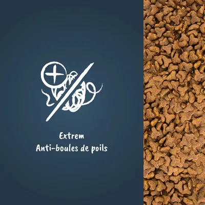 Texte visible : Extrem Anti-boules de poils, croquettes en forme de petits triangles marron à droite de l’image.