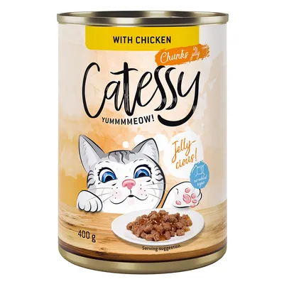 Catessy Chunks in Jelly mit Huhn, 400g Dose. Text: Jelly-cious! Keine Zuckerzusätze. Serviervorschlag mit Fleischstücken auf Teller.