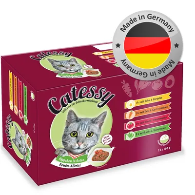 Catessy Häppchen in Gelee Groenten-allerlei, 12x100g. Zonder suiker toegevoegd. Made in Germany. 3x kip & eiergelei, 3x eend & wortelgelei, 3x rund & tomaat, 3x zalm & spinaziegelei.