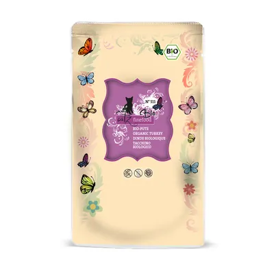 Emballage catz finefood Bio N°511 dinde biologique, texte multilingue : BIO-PUTE, ORGANIC TURKEY, DINDE BIOLOGIQUE, TACCHINO BIOLOGICO, label Bio visible en haut à droite.