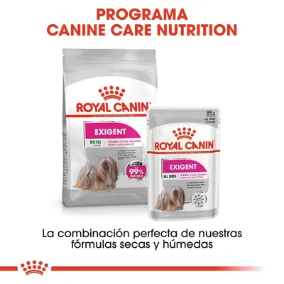 Royal Canin Exigent Mini y All Sizes, comida seca y húmeda para perros. Texto: Programa Canine Care Nutrition. La combinación perfecta de nuestras fórmulas secas y húmedas.