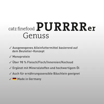 catz finefood PURRRRer Genuss. Texte en allemand : aliment complet équilibré, monoproteine, plus de 98 % viande/poisson/abats/bouillon, enrichi minéraux et huile, Made in Germany.