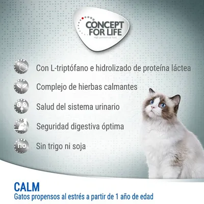 Concept for Life. Con L-triptófano, proteína láctea hidrolizada, hierbas calmantes, salud urinaria, digestión óptima, sin trigo ni soja. Calm: gatos propensos al estrés desde 1 año.