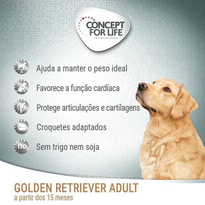 Concept for Life Golden Retriever Adult a partir dos 15 meses. Ajuda a manter o peso ideal, favorece a função cardíaca, protege articulações e cartilagens, croquetes adaptados, sem trigo nem soja.