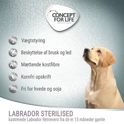 CONCEPT FOR LIFE Labrador Sterilised, vægtstyring, beskyttelse af brusk og led, mættende kostfibre, kornfri opskrift, fri for hvede og soja, til kastrerede Labrador Retrievers fra 15 måneder.