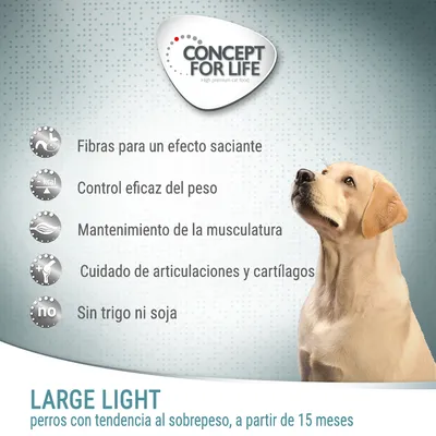 Concept for Life. Fibras para un efecto saciante, control eficaz del peso, mantenimiento de la musculatura, cuidado de articulaciones y cartílagos, sin trigo ni soja. Large Light perros con tendencia al sobrepeso a partir de 15 meses.