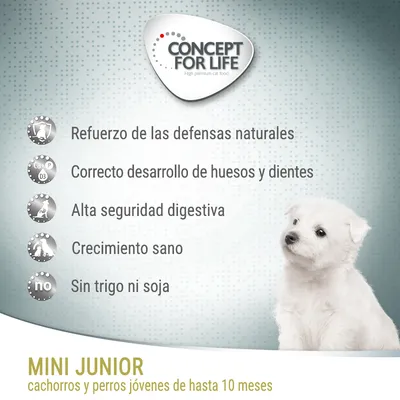 Concept for Life Mini Junior: refuerzo de las defensas naturales, correcto desarrollo de huesos y dientes, alta seguridad digestiva, crecimiento sano, sin trigo ni soja. Cachorros hasta 10 meses.