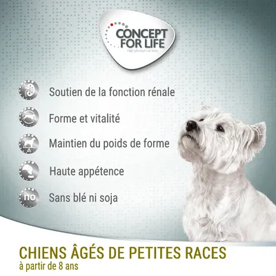 Concept for Life. Chiens âgés de petites races à partir de 8 ans. Soutien de la fonction rénale, forme et vitalité, maintien du poids de forme, haute appétence, sans blé ni soja.
