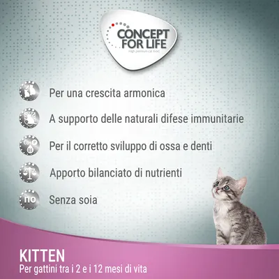 Concept for Life Kitten. Per una crescita armonica, supporto difese immunitarie, sviluppo ossa e denti, apporto bilanciato di nutrienti, senza soia. Per gattini tra 2 e 12 mesi.