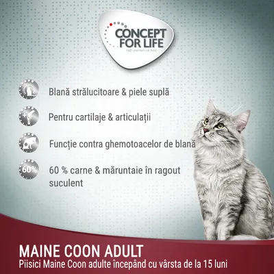 Concept for Life Maine Coon Adult. Blană strălucitoare & piele suplă, pentru cartilaje & articulații, funcție contra ghemotoacelor de blană, 60% carne & măruntaie în ragout suculent.