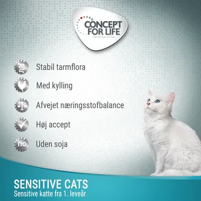 CONCEPT FOR LIFE. Stabil tarmflora, med kylling, afvejet næringsstofbalance, høj accept, uden soja. SENSITIVE CATS Sensitive katte fra 1. leveår.