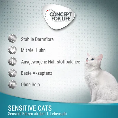 Concept for Life Sensitive Cats. Stabile Darmflora, mit viel Huhn, ausgewogene Nährstoffbalance, beste Akzeptanz, ohne Soja. Für sensible Katzen ab dem 1. Lebensjahr.