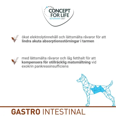 CONCEPT FOR LIFE VETERINARY DIET. Ökat elektrolytinnehåll och lättsmälta råvaror för att lindra akuta absorptionsstörningar i tarmen. GASTRO INTESTINAL.