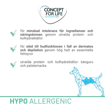 CONCEPT FOR LIFE VETERINARY DIET. Minskad intolerans för ingredienser och näringsämnen, stöd till hudfunktionen vid dermatos, proteinkällor: känguru och palsternacka. HYPO ALLERGENIC.