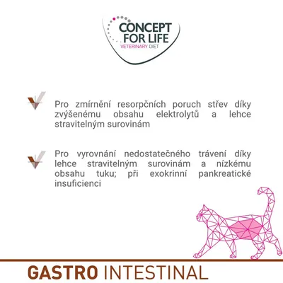 CONCEPT FOR LIFE VETERINARY DIET. Pro zmírnění resorpčních poruch střev díky zvýšenému obsahu elektrolytů a lehce stravitelným surovinám. GASTRO INTESTINAL.
