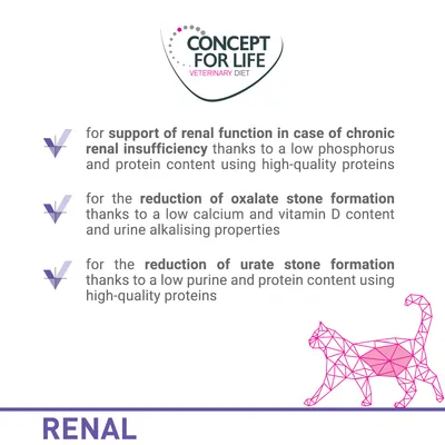 Tekst na engleskom: Concept for Life Veterinary Diet. Podrška bubrežnoj funkciji, smanjenje stvaranja oksalatnih i uratnih kamenaca. RENAL. Prikaz ružičaste mačke u linijama.