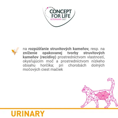 CONCEPT FOR LIFE VETERINARY DIET URINARY: na rozpúšťanie struvitových kameňov a zníženie opakovanej tvorby struvitových kameňov u mačiek, nízky obsah horčíka, okysľuje moč. CONCEPT FOR LIFE VETERINARY DIET URINARY: na rozpúšťanie struvitových kameňov a zníženie opakovanej tvorby struvitových kameňov u mačiek, nízky obsah horčíka, okysľuje moč.
