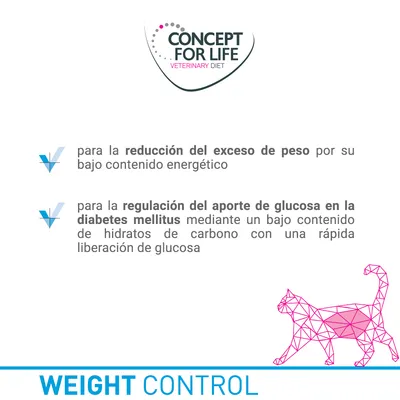 Concept for Life Veterinary Diet. Para reducción del exceso de peso por bajo contenido energético y regulación del aporte de glucosa en diabetes mellitus con hidratos de carbono de rápida liberación.